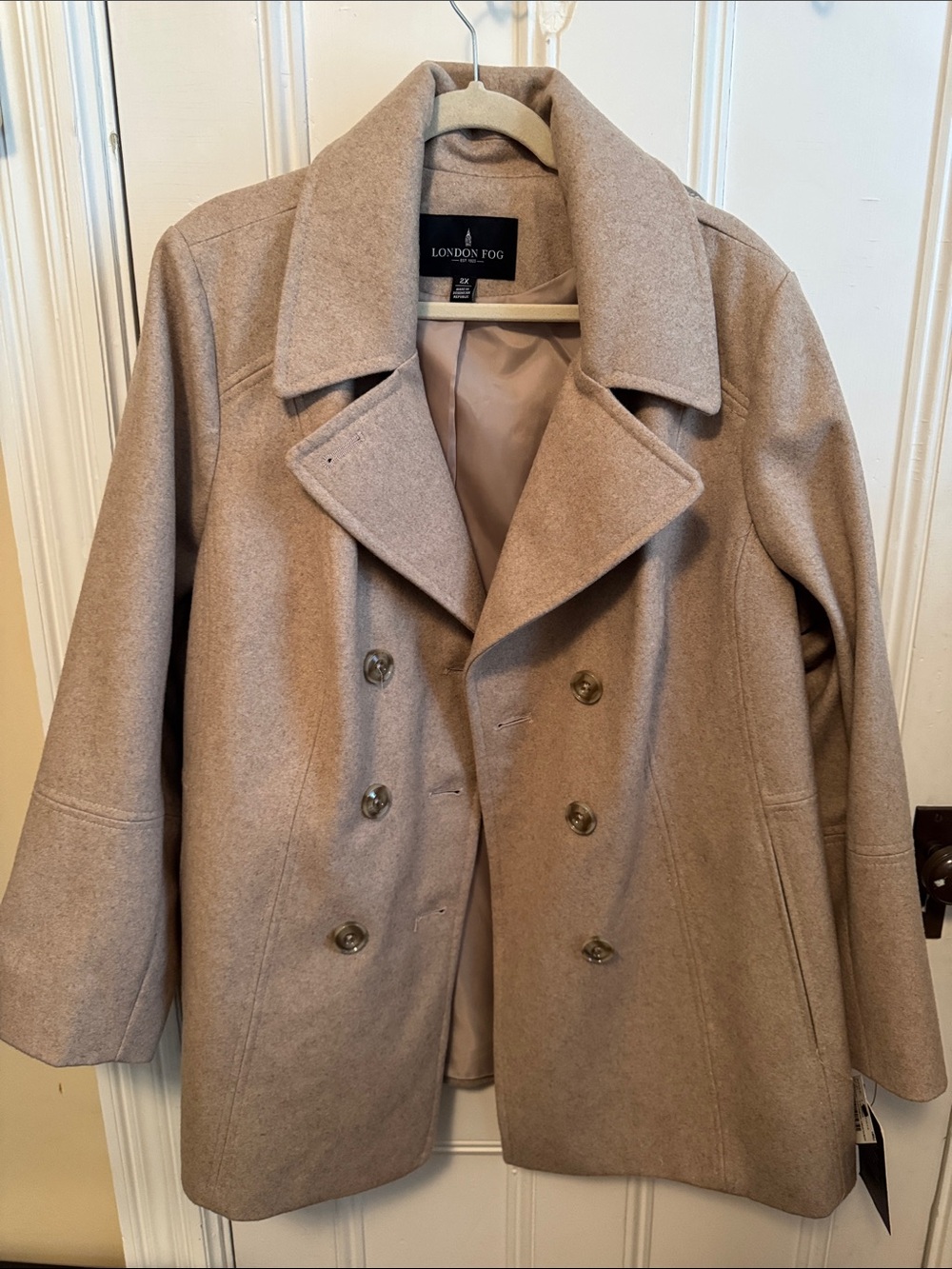 London Fog Taupe Double-Breasted Wool Peacoat with Plaid Scarf - Picture 9 of 9